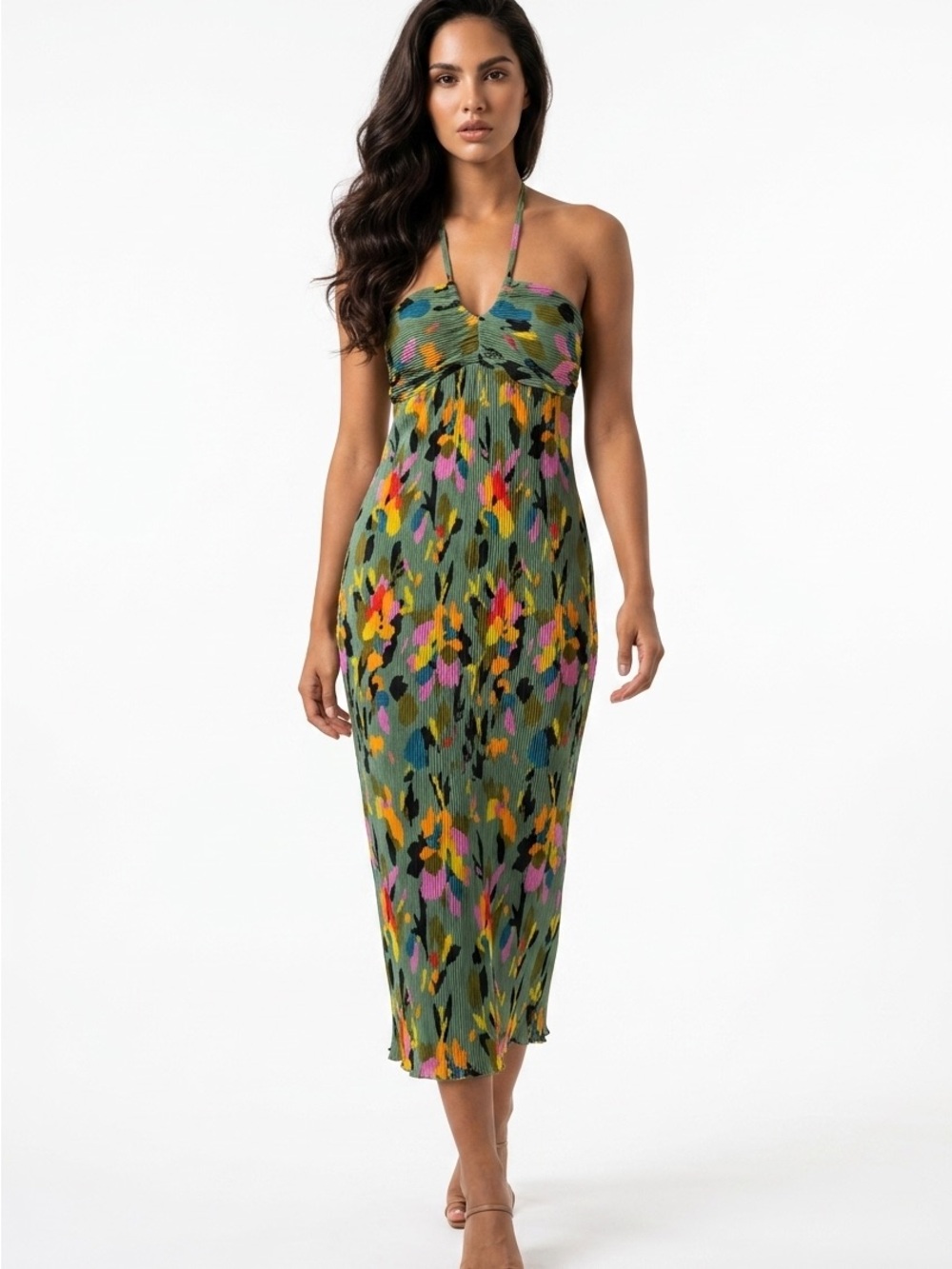 Sincerely Jules Green Floral Halter Midi Dress with Pink and Yellow Accents